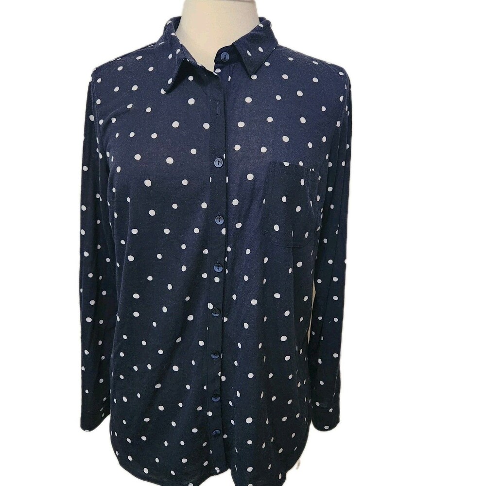 Alter Ego Womens Top Blouse 1X  Navy Blue POLKA DOT Button Front Stretch Long Sl